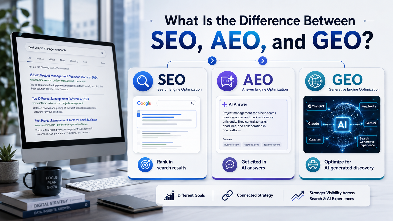 SEO, AEO and GEO comparison in modern workspace